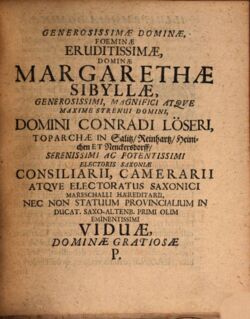 Widmung für Margarethe Sibylle von Löser